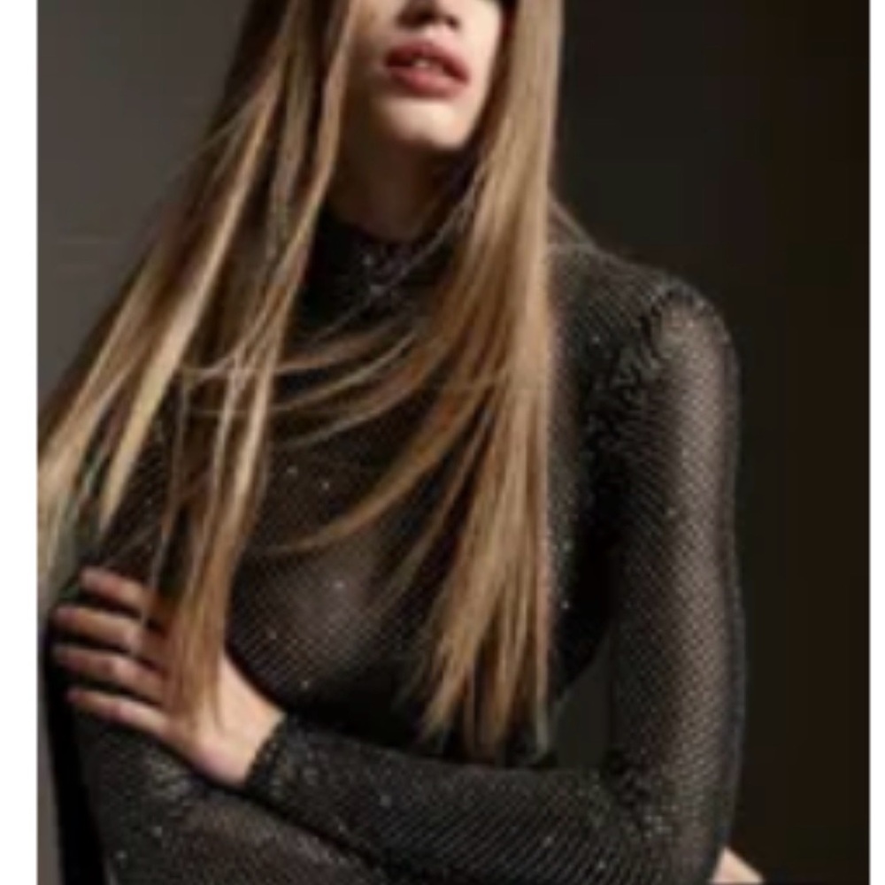 Hot Fix Diamante Power Jersey Black Mesh Long Sleeve Dress. - Picture 5 of 5